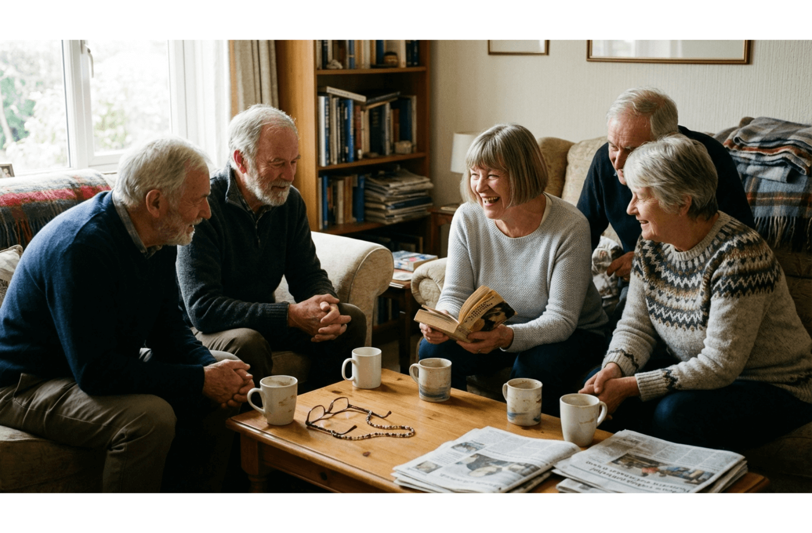 Older adults sitting in a circle in a living room, laughing and holding paperback books while enjoying tea during a social gathering.