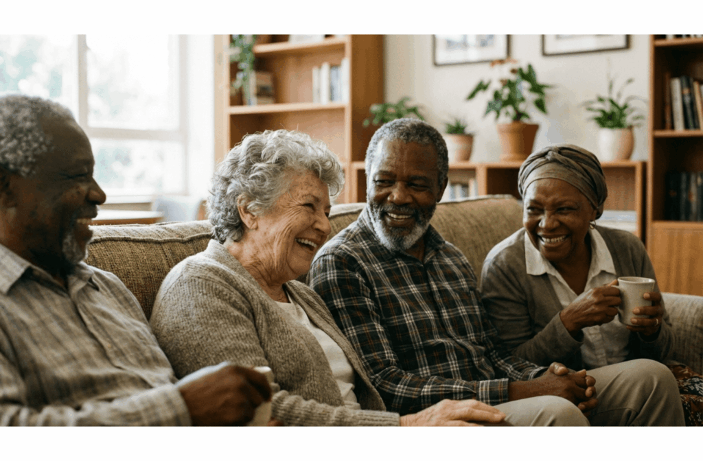 a group of seniors sit on a couch talking