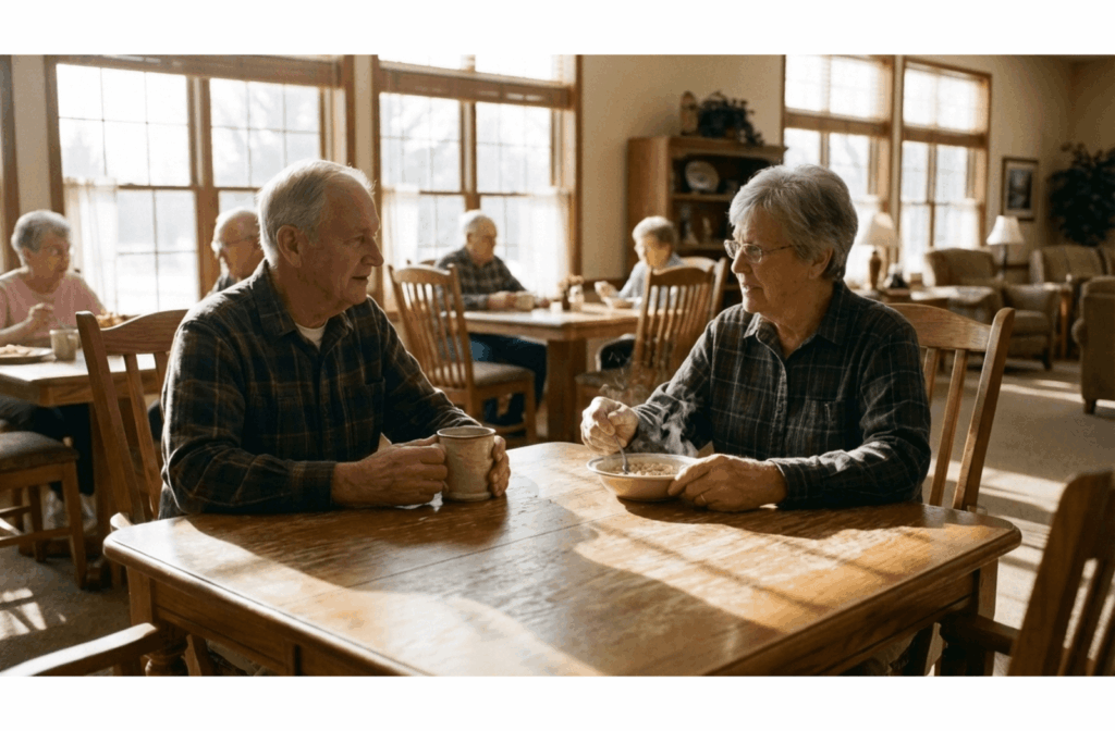 Two older adults eating oatmeal and drinking coffee at a sunlit kitchen table during a quiet morning.
